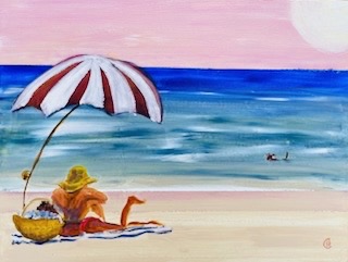 Acrylic painting of a dog paddling while the owners chill-out on the beach under an umbrella..